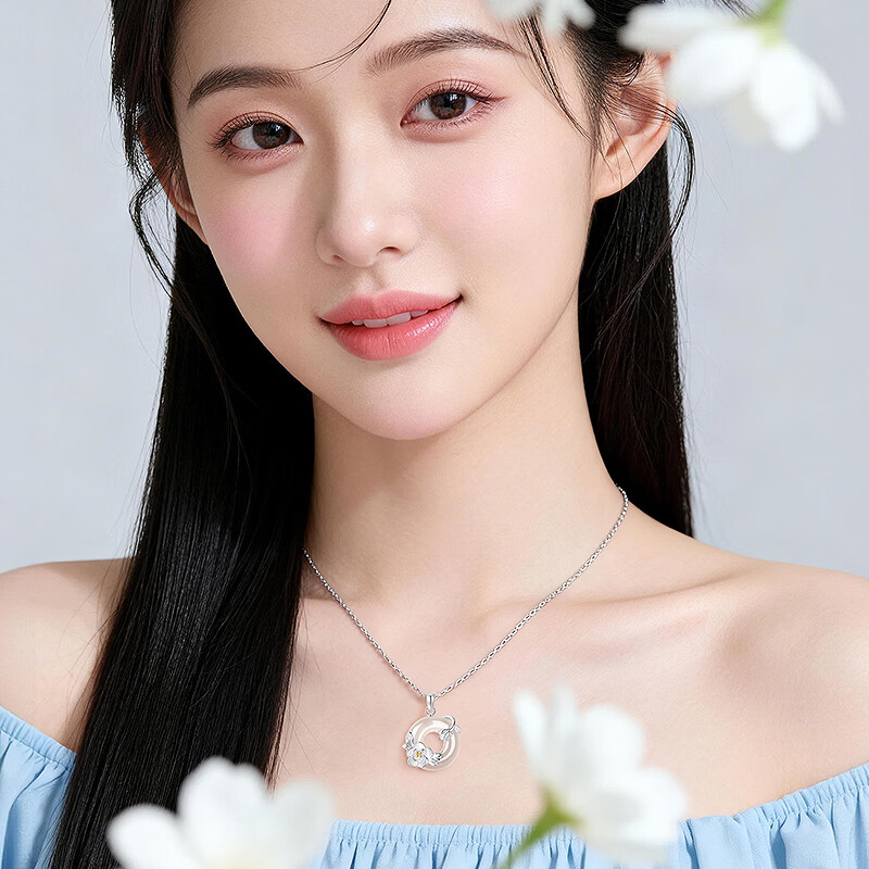 中国黄金(CHINA GOLD)山茶花平安扣银项链女士玉髓银吊坠生日礼物送女友表白老婆纪念日 山茶花玉髓平安扣项链+证书礼盒