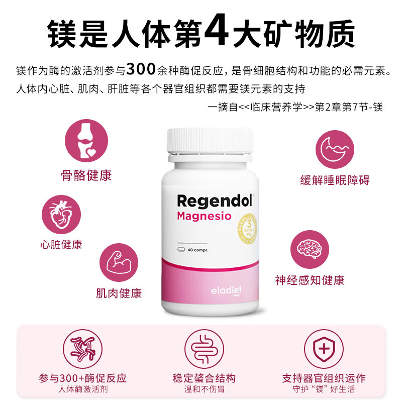 ELADIET爱乐蒂儿童甘氨酸镁片柠檬助眠缓解肌肉女士非苏糖酸镁补充剂进口 甘氨酸螯合三重镁1瓶装 40粒*1瓶