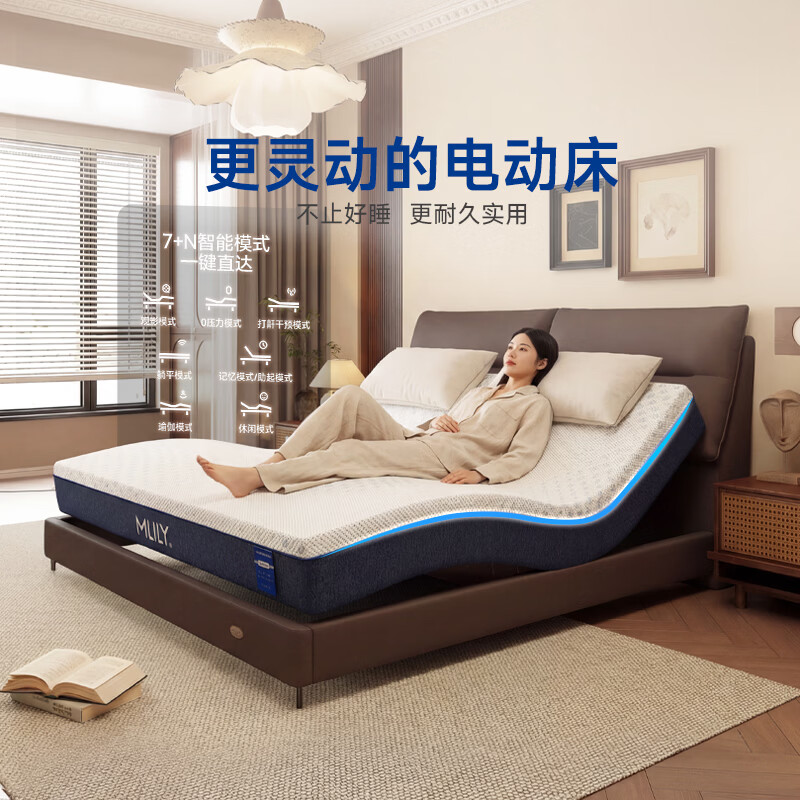 梦百合【老款清仓】意式轻奢真皮主卧大床双人床1.5*2米星云齐边智能床 星云智能床-智能床架+三体床垫22CM（适中偏软） 150*200cm-全国免费送装