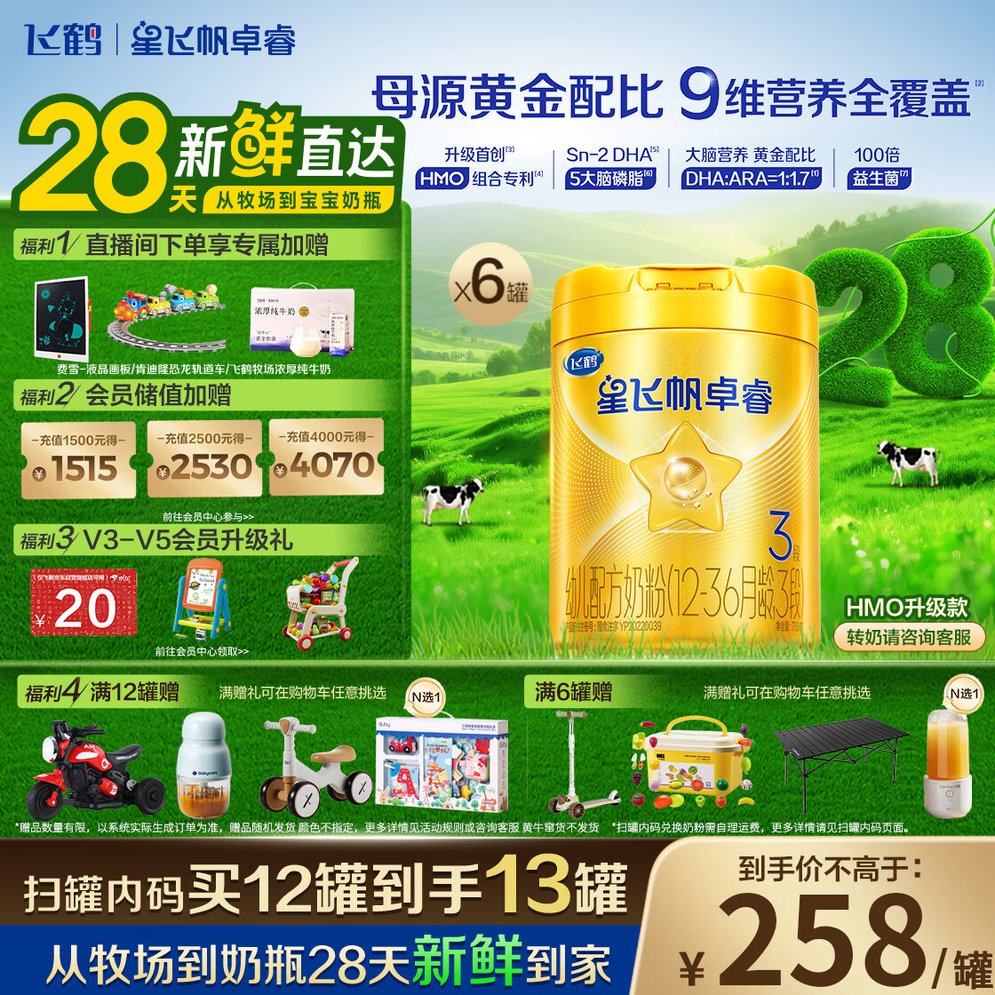 飞鹤星飞帆卓睿 3段幼儿配方奶粉(1-3岁)750g*6罐 HMO 28天新鲜直达