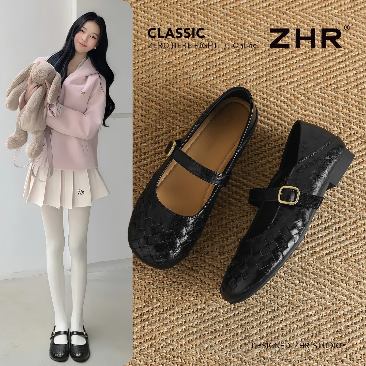 ZHR复古编织浅口平底软底玛丽珍单鞋女2026夏季新款百搭女鞋 黑色 36