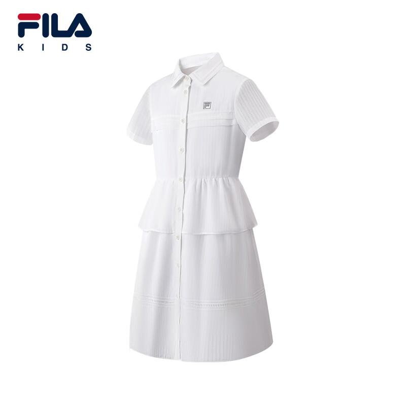 FILA 斐乐童装女大童梭织连衣裙2026夏季新款翻领舒适裙子 标准白-WT 165