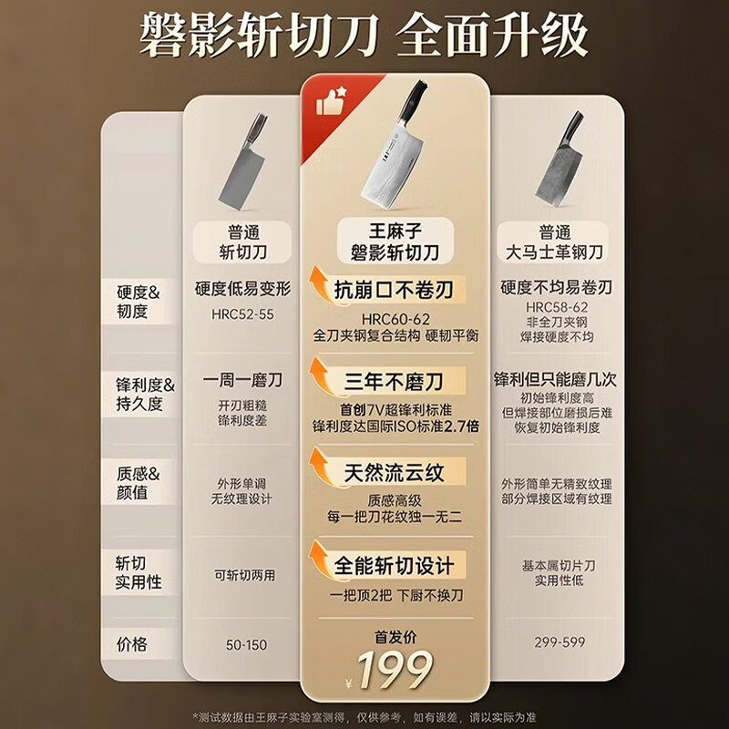 王麻子大马士革钢菜刀高端厨师刀斩切刀厨房家用砍骨刀锋利切菜切肉刀 磐影系列.185MM斩切刀