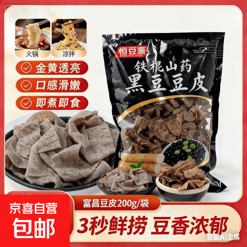 河南铁棍山药黑豆豆皮农家豆皮恒豆源黑豆豆皮 涮火锅炒菜 干豆皮豆制品净重50g  一袋子