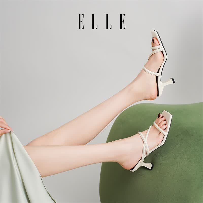 ELLE黑色方头细带高跟凉拖鞋女夏季外穿百搭中跟一字带凉鞋 米白 6.5cm 37 (235mm) 标准码