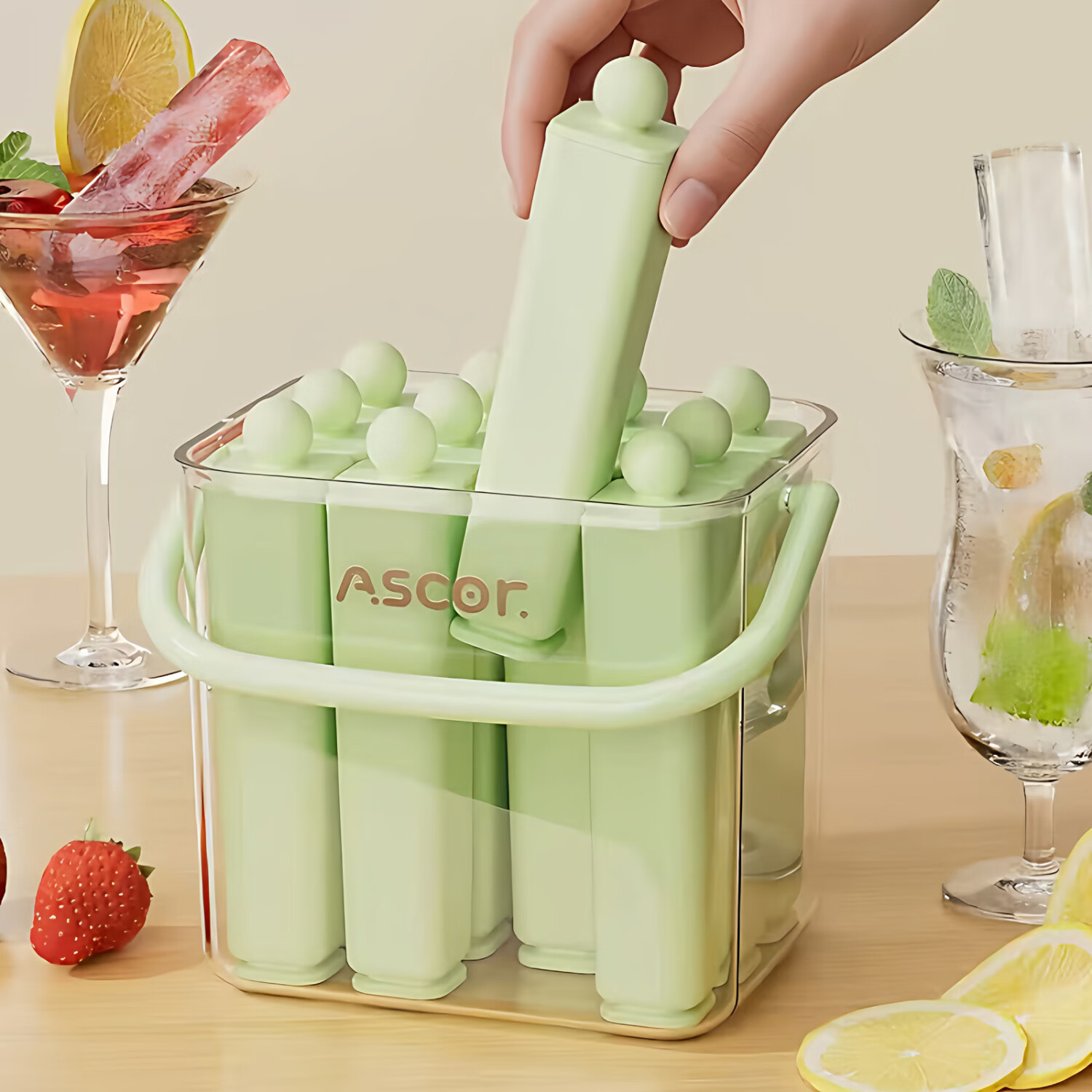 艾仕可（ASCOR）长条冰块冰格模具家用硅胶食品级冷冻格冰箱制冰神器冰淇淋储存盒 青提绿-6条单个装【食品级硅胶/分区储存】