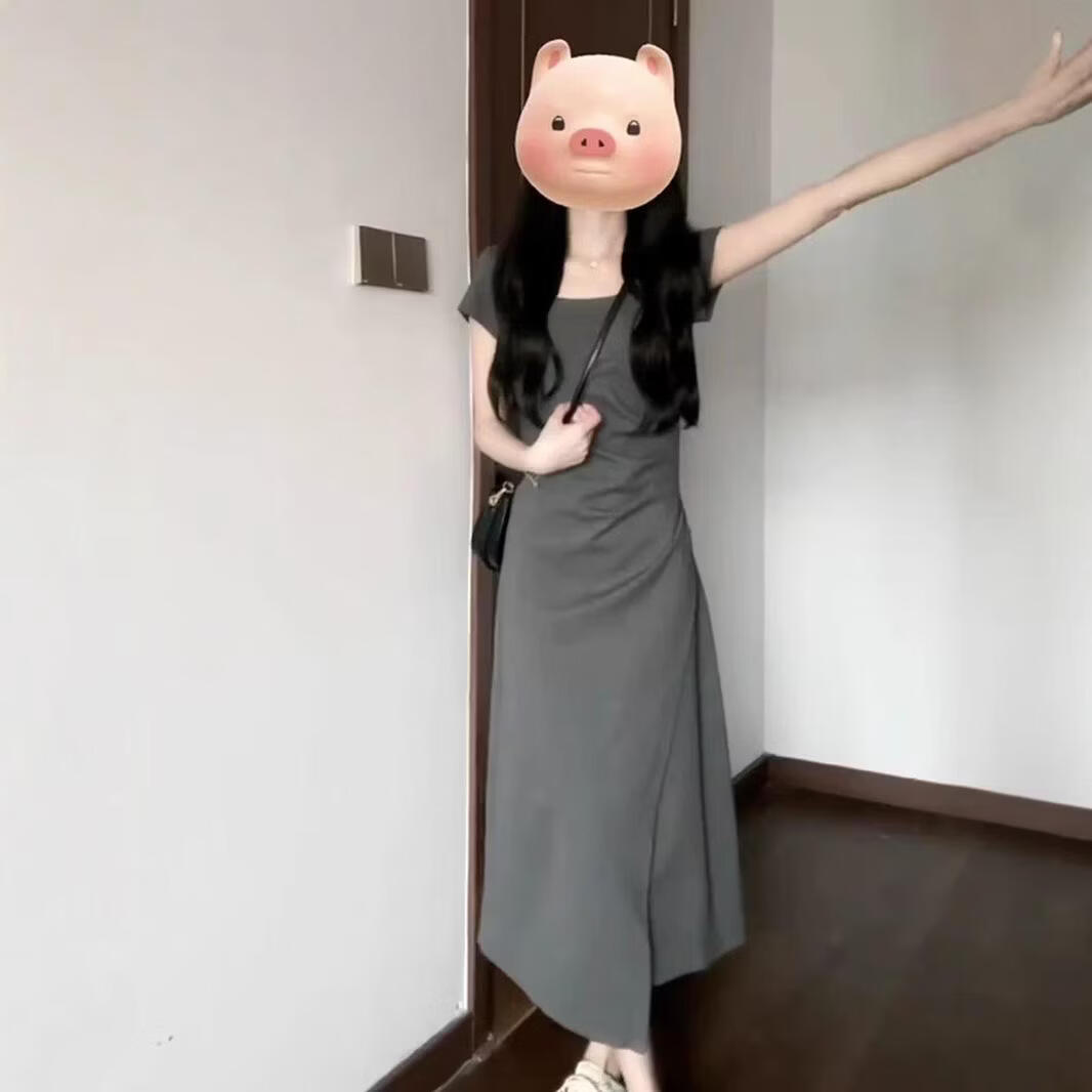 茶歇法式方领灰色连衣裙女2026夏季设计感小众修身显瘦气质长裙 黑色 2XL