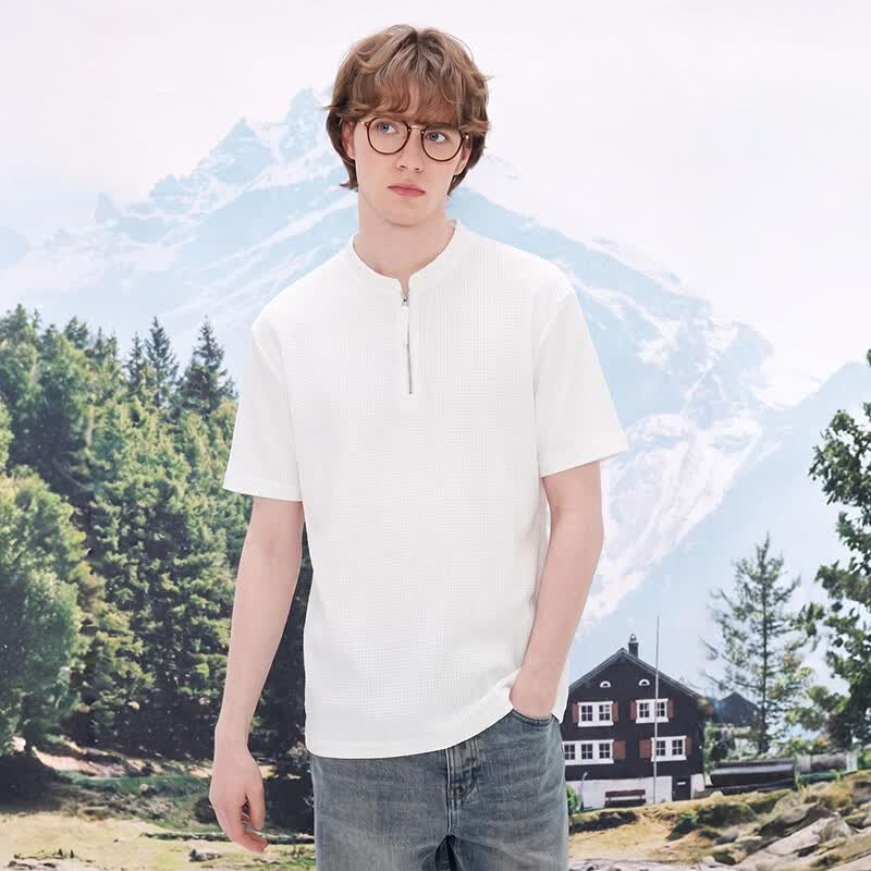 gxgjeans男装半拉链宽松华夫格休闲短袖t恤男26夏新品 白色 L (175)