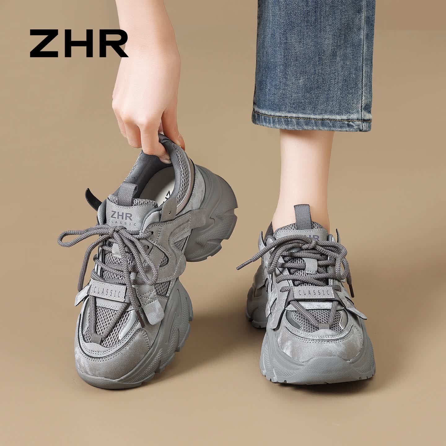 ZHR则则厚底老爹鞋女新款减震耐磨跑步鞋轻便百搭运动休闲鞋网面复古女鞋 银灰色 36