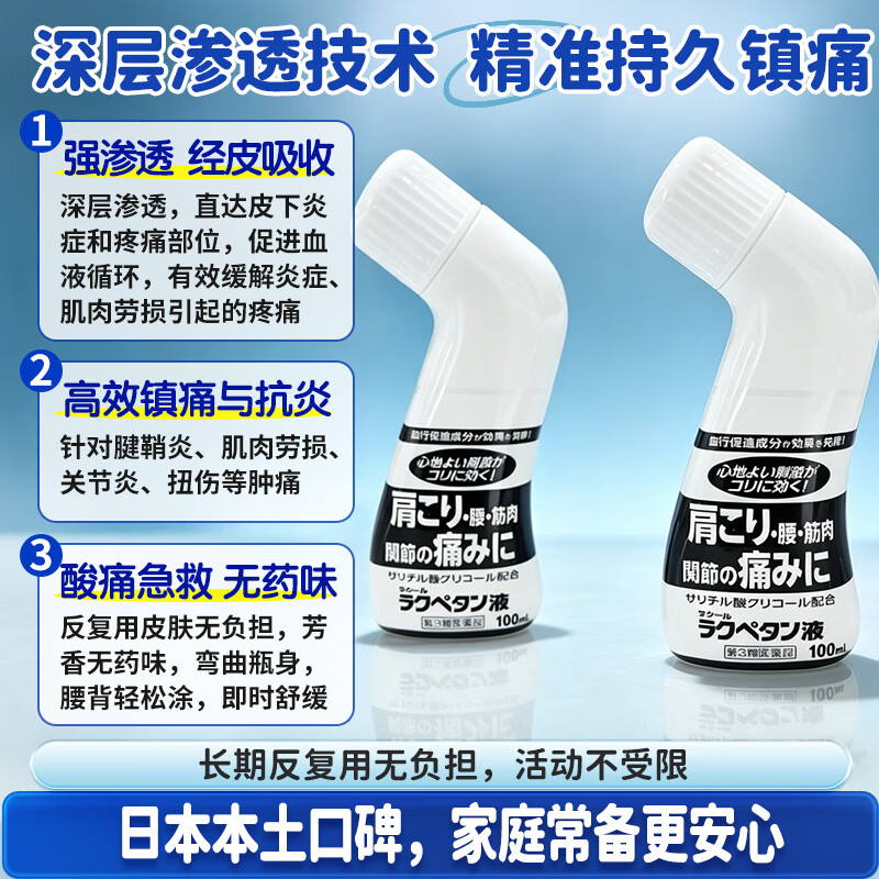 RAKOOL日本进口东光舒缓外用消炎止痛肩周腰椎关节扭伤适用成人颈肩腰腿不适家用便携按摩舒缓涂抹液100ml Lakpetan液100ml*3瓶
