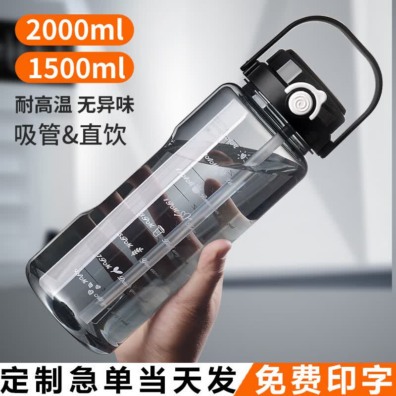 大容量运动水杯1.5L/2L 双饮吸管带刻度 便携塑料水壶 夏季杯子 透明白色1500ml(含胶囊茶隔) 普通款