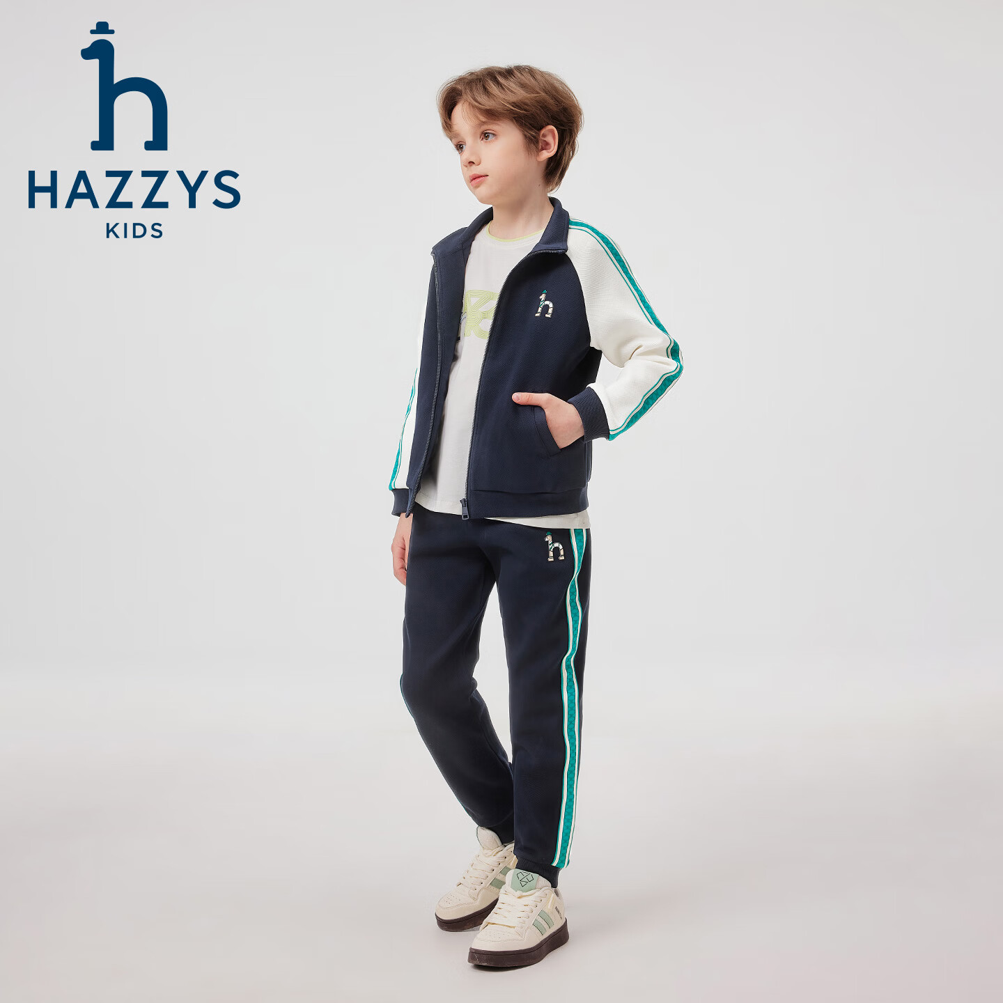 哈吉斯(HAZZYS)童装男女童套装2026春新珠地舒适长袖两件套 藏蓝 145