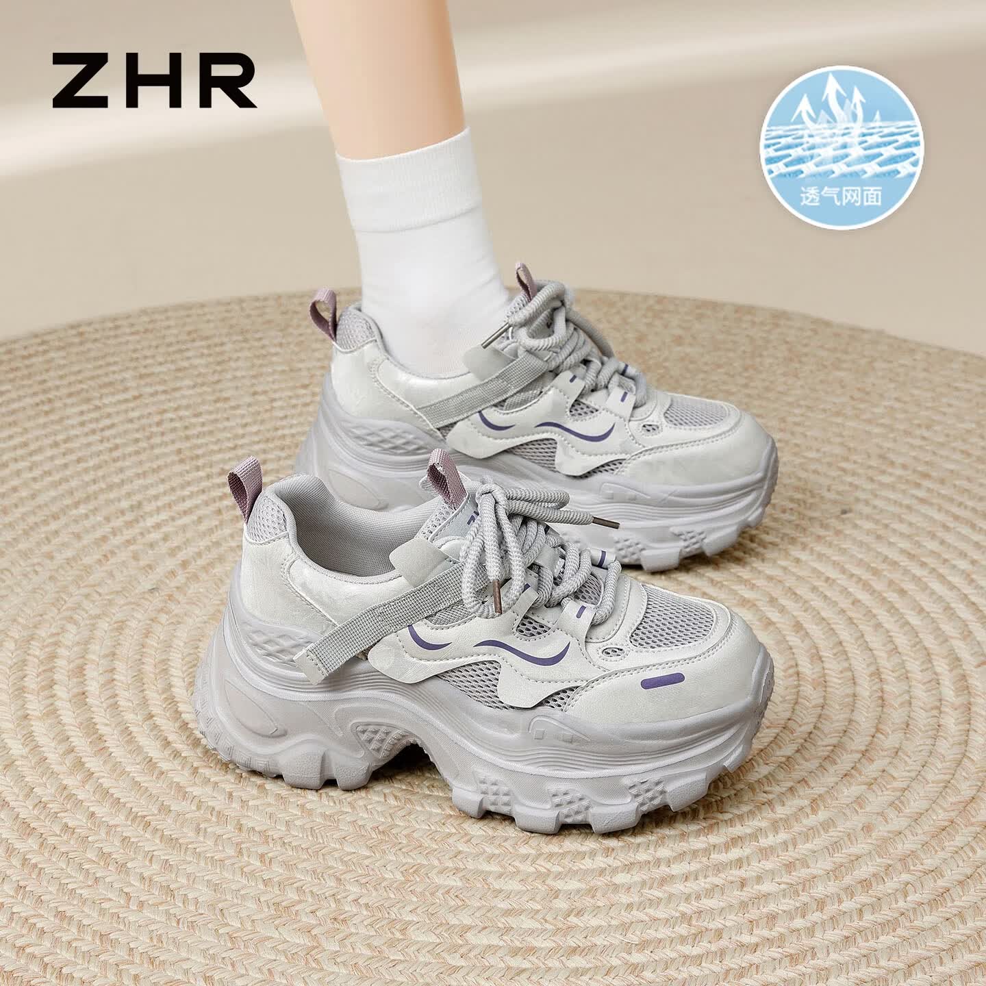 ZHR则则老爹鞋女夏季新款网面运动鞋女百搭休闲增高鞋子女 KD257E灰色36