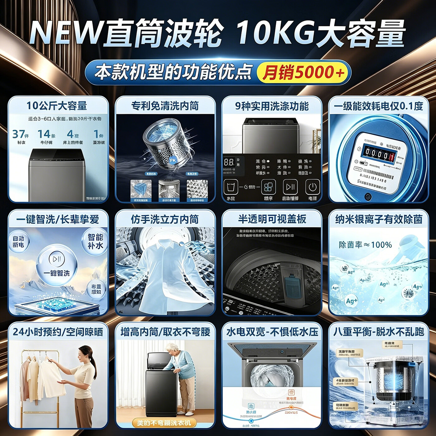 美的(Midea)洗衣机全自动波轮10公斤大容量一级能效 家用内筒免清洗单脱水15分钟快洗节能省电预约洗 以旧换新 10kg大容量【月销3000台】 波轮 10kg