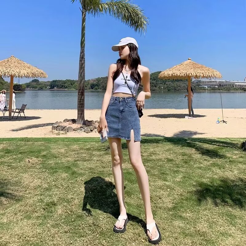 无品牌开叉牛仔短裙女夏季大码短裤裙高腰显瘦防走光a字包臀裙半 黑色 5XL