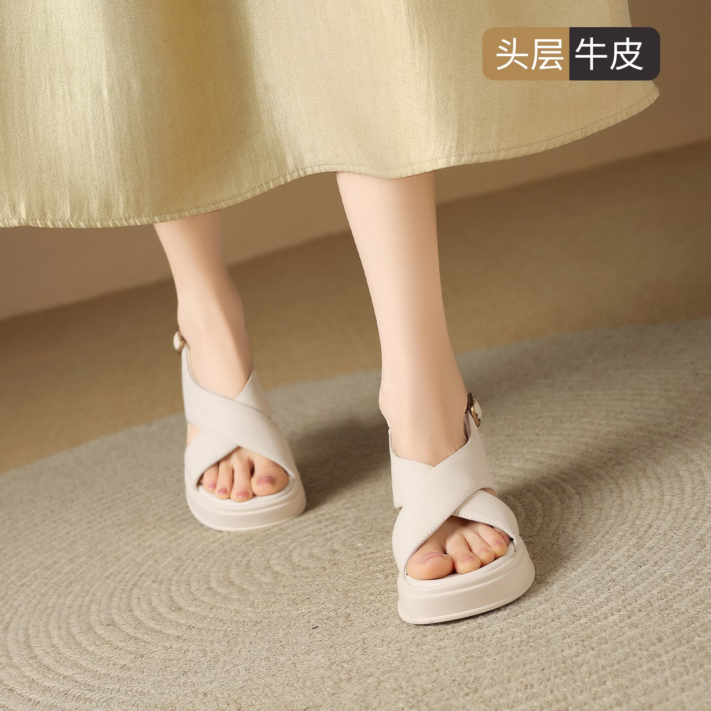 ZHR则则凉鞋女夏季新款头层牛皮增高厚底高跟女鞋一字带妈妈鞋JE65米色38