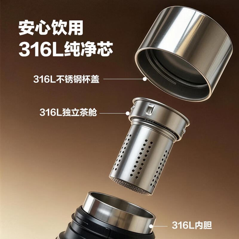 富光律茗保温杯 316L不锈钢水杯 商务车载带盖泡茶杯 直身大容量水杯 杯盖款 500ML-暗夜黑
