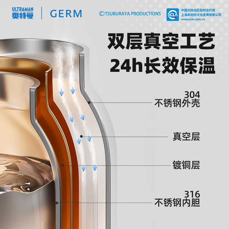 格沵（germ）奥特曼儿童保温杯数显两盖杯子316带杯套男孩子水壶水杯吸管杯 赛罗500ml