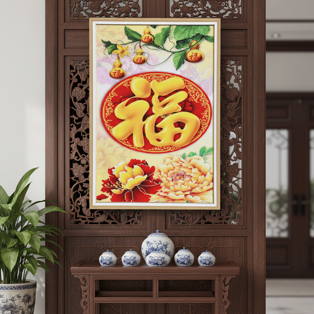 挂画|喜鹊牡丹现代简约高级典雅客厅办公室玄关背景墙挂画装饰画 福字新中式 65cm*85cm 黑色钢琴烤漆金边拉丝边框