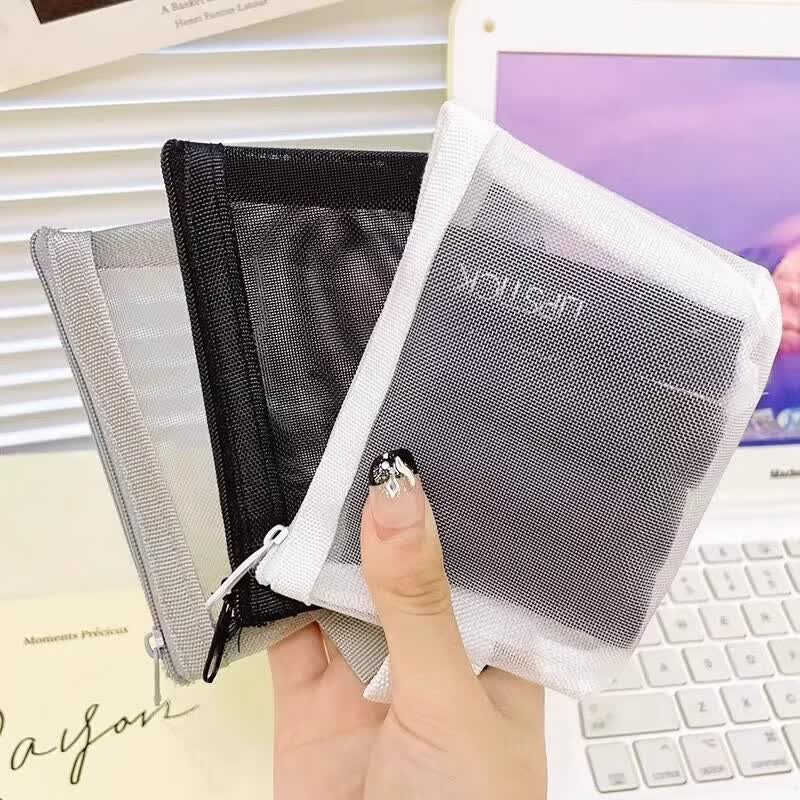 【厂家直供】透明网纱收纳袋尼龙便携口红化妆品收纳包零钱包钥匙 黑色【1个装】可视网纱/携带方便