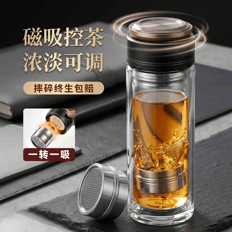 慕馨（moosen）茶水分离玻璃杯磁吸式双层男士商务办公高档大容量泡茶水杯子 黑色 400ml【26年新升级磁吸泡茶】人为破损我也赔 【无接触茶水分离+易清洗+优质高硼硅玻璃】