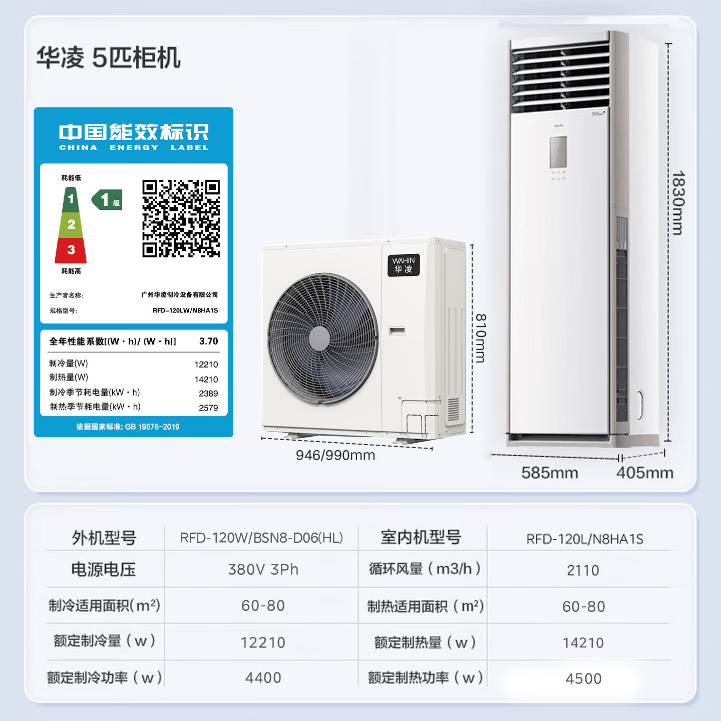 华凌5匹柜机空调适配380V三相电立式柜机超省电新一级能效变频商居两用中央空调RFD-120LW/N8HA1S