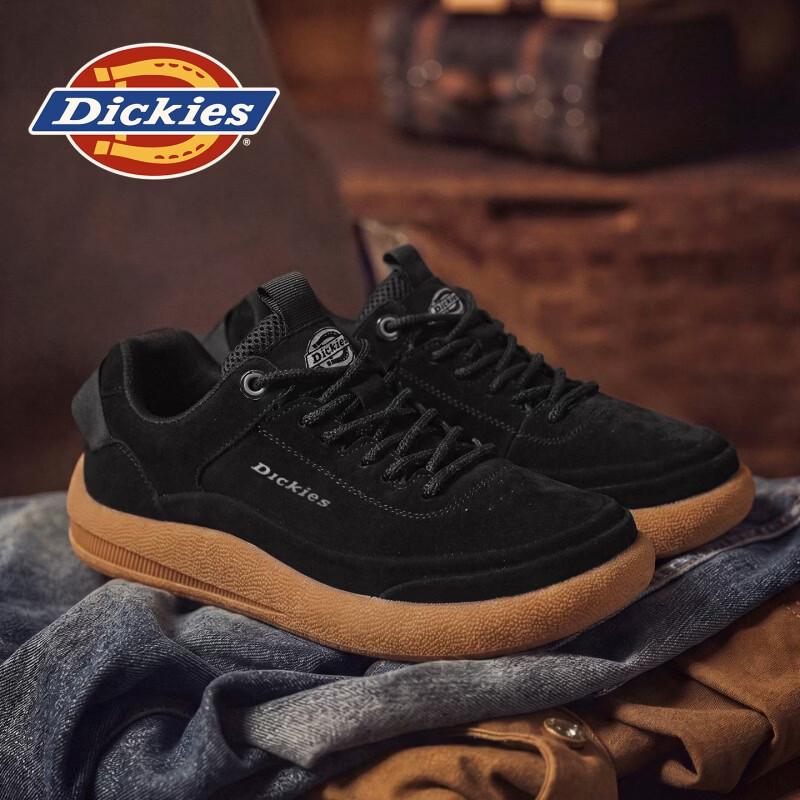 Dickies品牌男鞋2026秋季新款真皮板鞋户外运动鞋厚底耐磨百搭复古休闲鞋 黑色 42