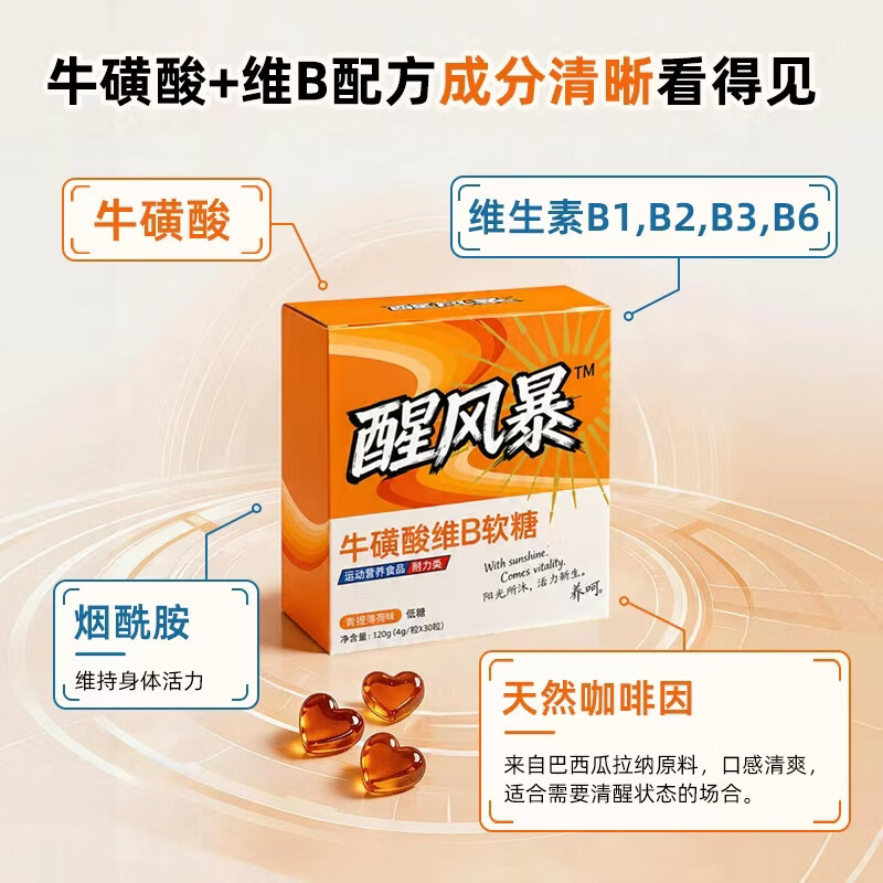 养呵醒风暴耐力类运动营养食品牛磺酸维B软糖4g*30粒/盒 【引爆状态】 30粒*2盒