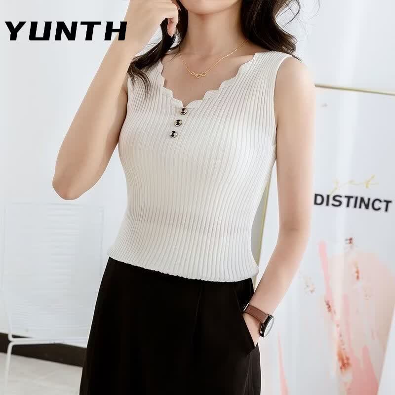 YUNTH夏装冰丝吊带针织背心女美背宽松百搭无袖大码韩版打底V领显瘦 黑色不掉色 XS 建议80-90斤