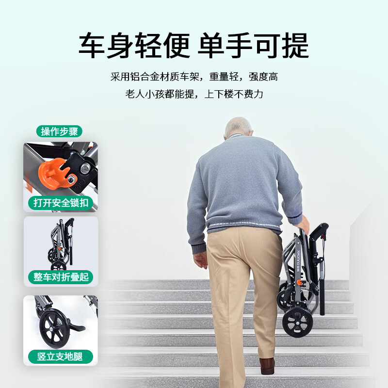筱明轮椅车折叠轻便可上飞机小型铝合金轮椅旅行手推车老人专用购物车 【8寸PU轮】海绵软坐垫【铝合金】