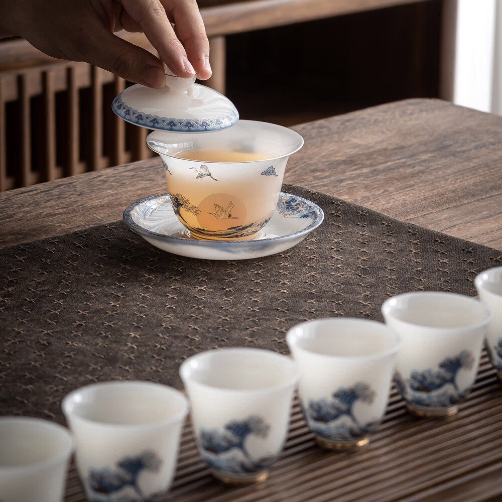 璞玉瓷华鹤潮升高档羊脂玉白瓷茶具套装老板茶具办公楼茶礼品 纯白 6人饮 1件
