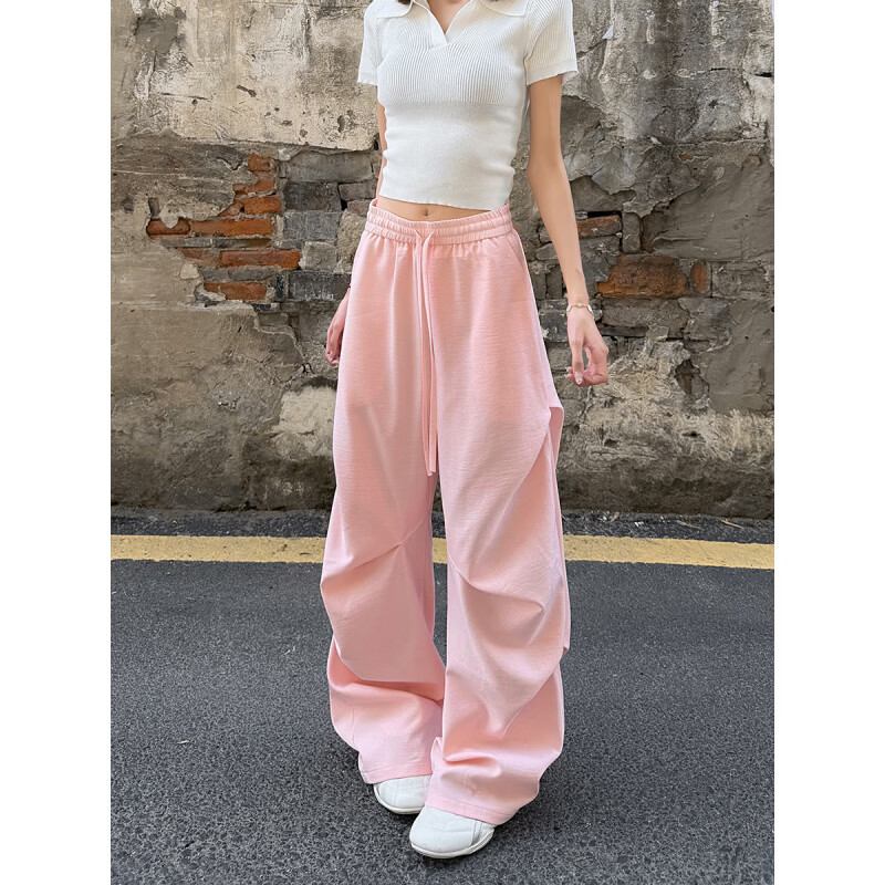 YORK ZOOM夏季新款美式仿麻垂感褶皱长裤宽松薄款透气阔腿休闲裤 藏青色 3XL