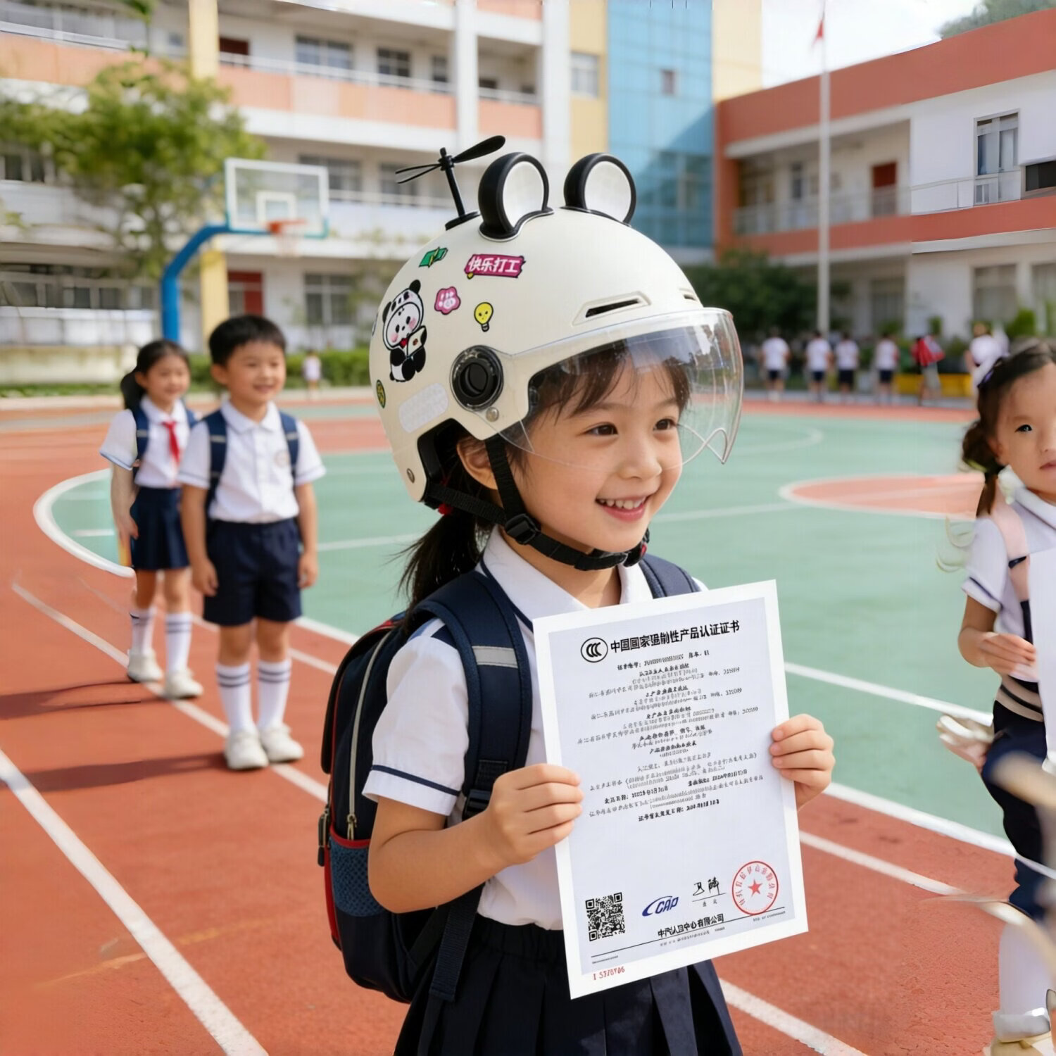 齐选儿童头盔新国标3C认证A类电动瓶车幼儿宝宝2-3-6-8岁安全头盔帽 通风透气孔款2-8岁【米白小熊贴+黑色风车+黑色熊耳】