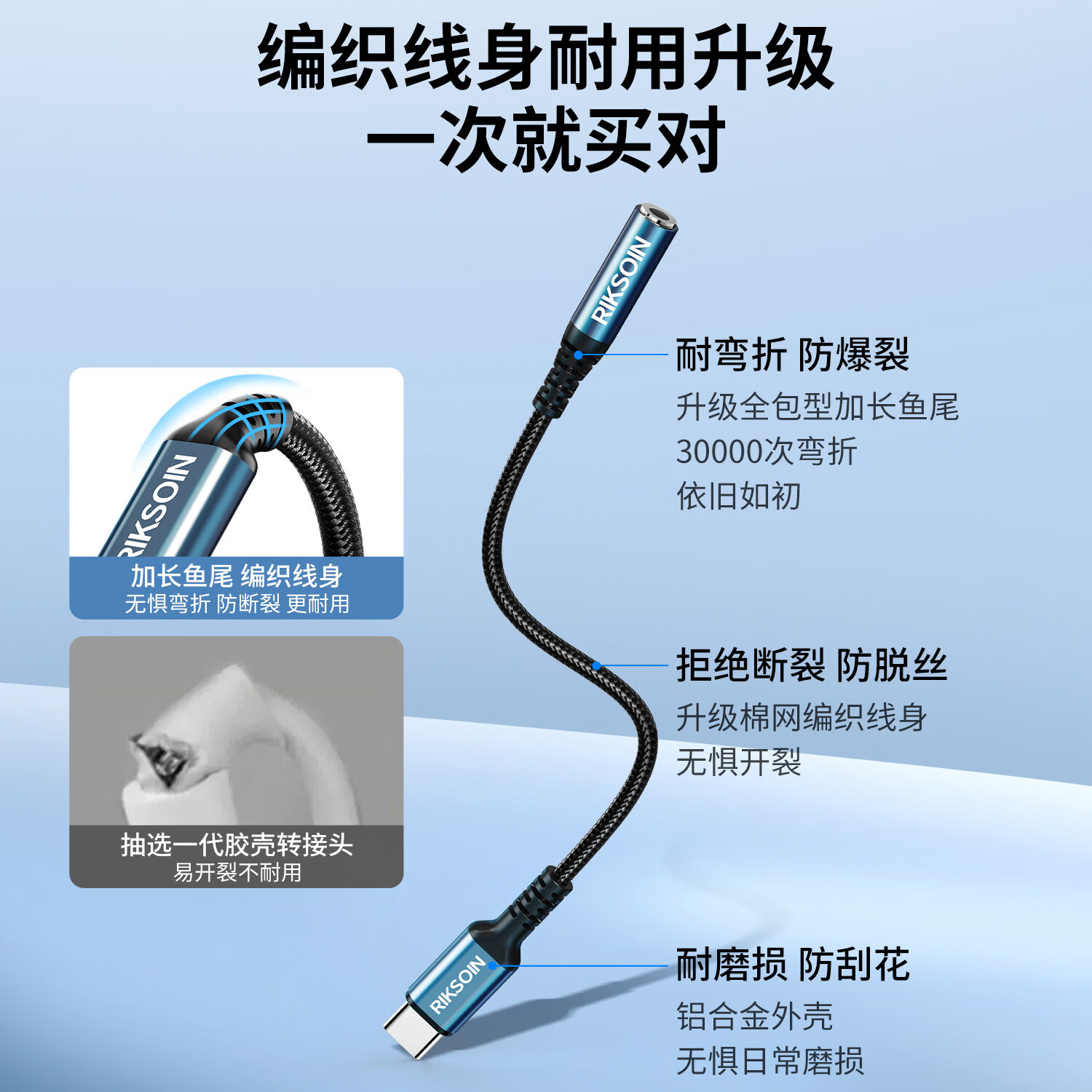 雷克森Type-c转接头AUX音频线无损音质适用于华为荣耀vivo手机电脑转接3.5mm圆孔音响有线耳机声卡转换器 升级款-DAC解码芯片-HiFi音质 0.12米【黑蓝色】