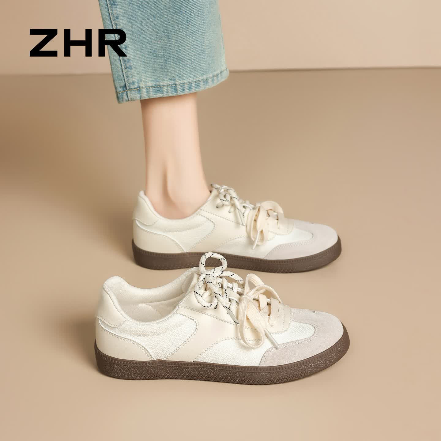 ZHR则则德训鞋女春季新款休闲平底女鞋轻便软底百搭运动板鞋 KS339 米色 35