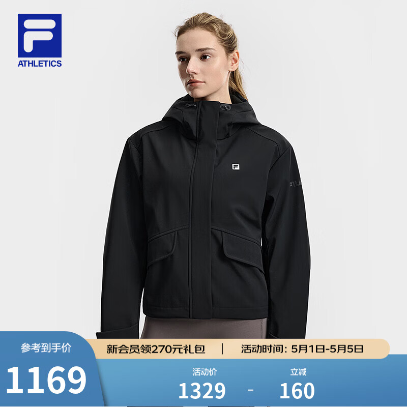 FILA 斐乐官方女士梭织外套2026春新款健身运动宽松加绒连帽上衣 深黑-BK XL 175/92A/XL