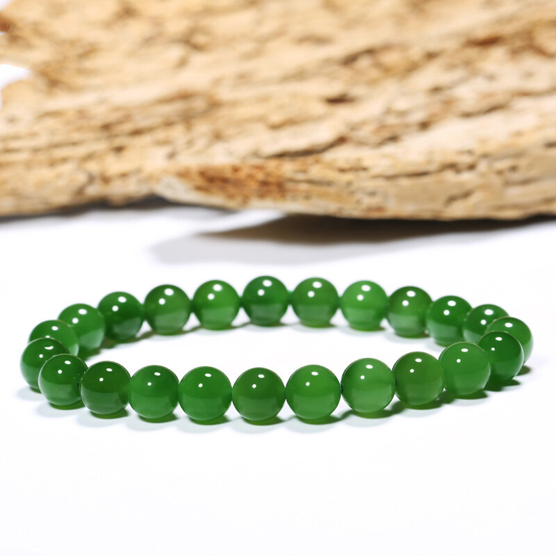 宝莎缇收藏级新疆和田玉碧玉手链天然玉石冰底老料阳绿女士圆珠8mm珠