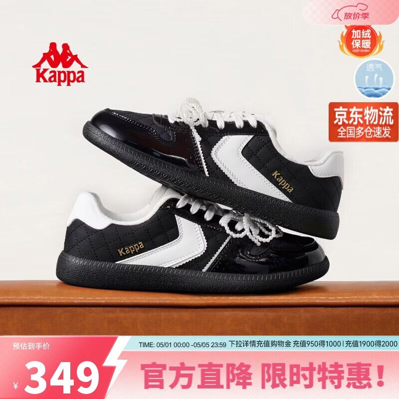 卡帕（Kappa）女鞋加绒板鞋子女冬季新款棉鞋女厚底德训鞋休闲运动鞋女 黑色38