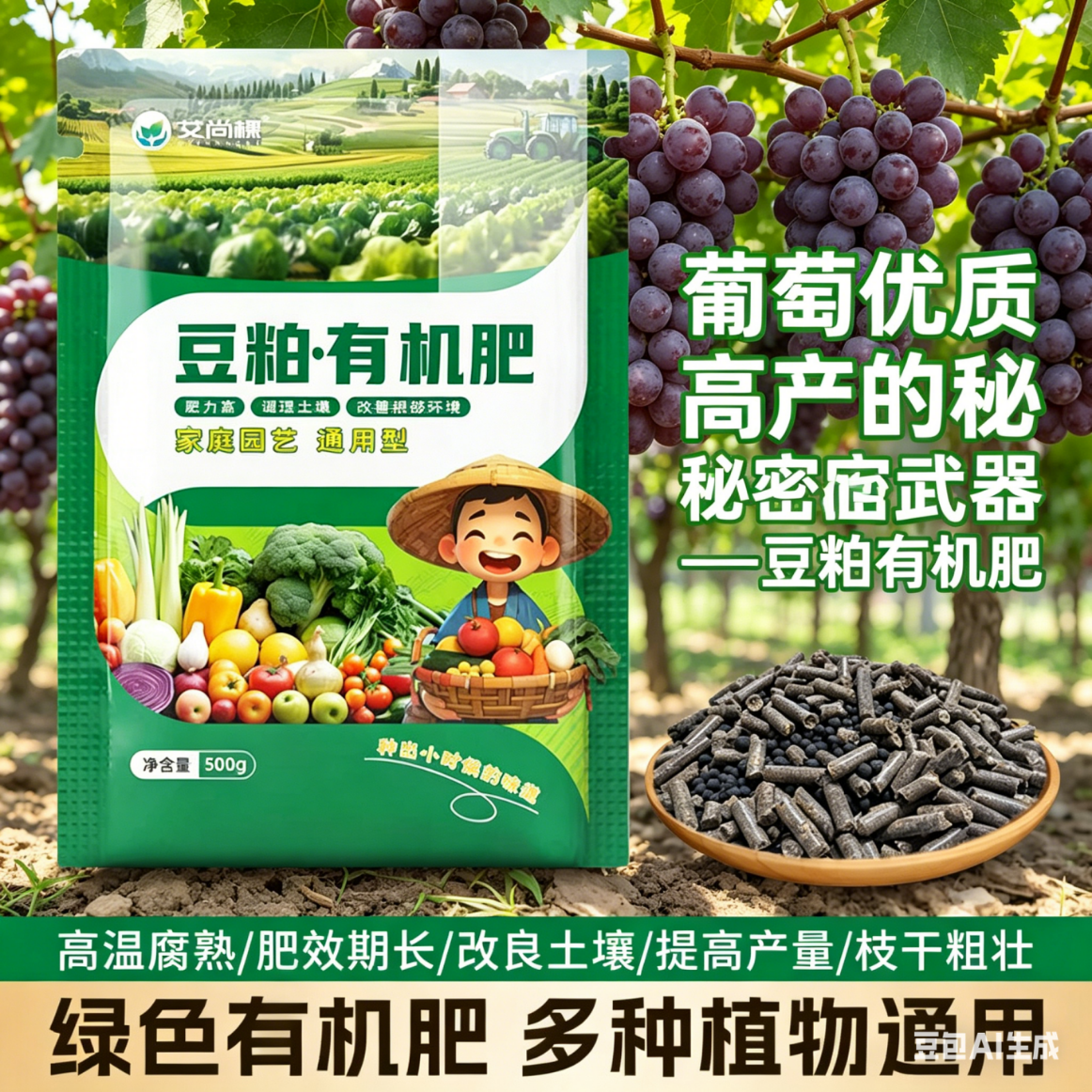 发酵纯豆粕有机肥花卉蔬菜果树用底肥改良土壤天然有机农家颗粒肥 500克5袋