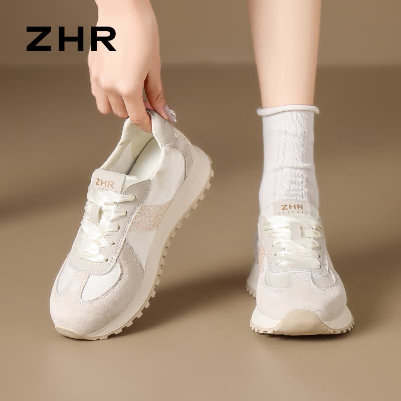 ZHR则则芭蕾德训鞋女2026新款厚底运动休闲鞋子女百搭潮流轻便女鞋 米色 37