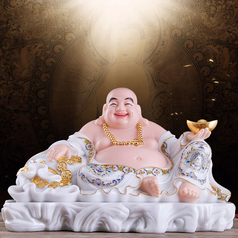 九黎 汉白玉弥勒佛佛像家居摆件宽体笑佛大肚弥勒菩萨店铺摆件 16寸