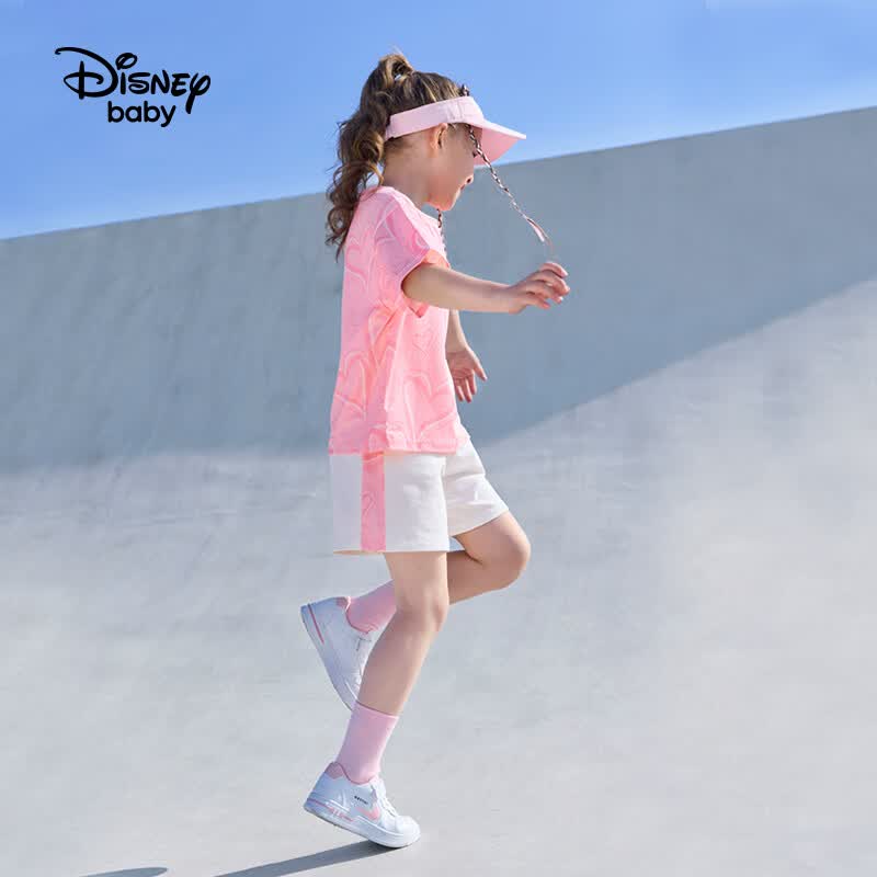 迪士尼(Disney)童装男女童套装个性印花短袖T恤透气运动短裤两件套夏篮球服套装 粉色爱心 110 高105-115cm重30-40斤