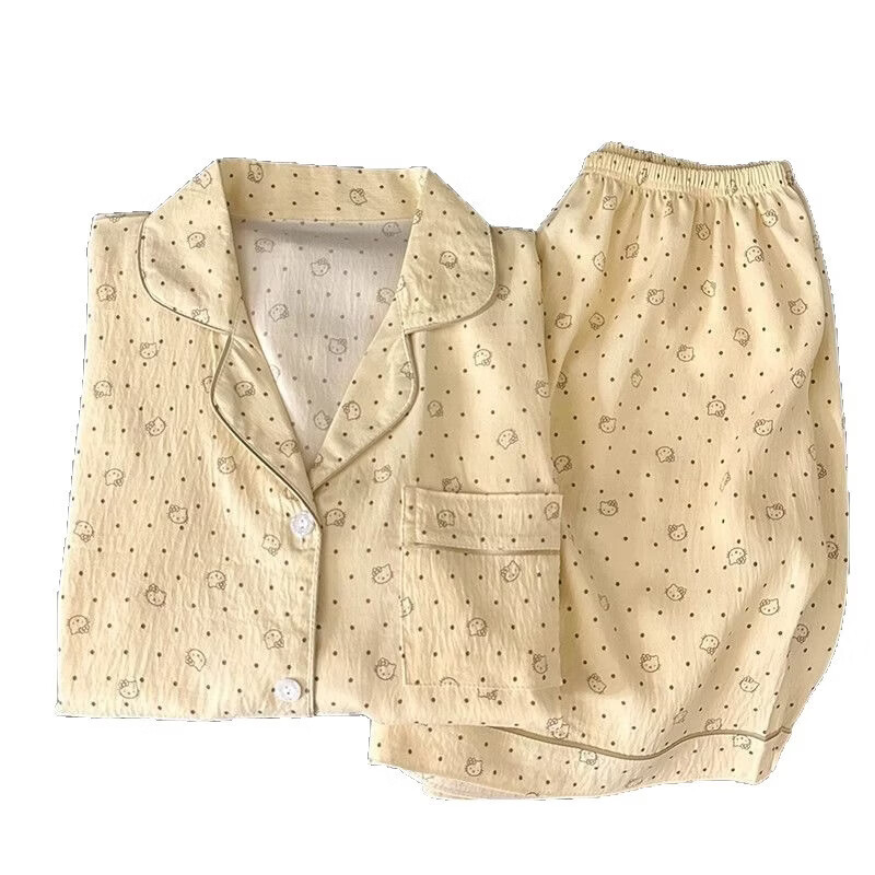有只绵韩系波点夏季新款睡衣短袖家居服套装短裤可外穿宽松翻领女装 K1047 M 适合70-85斤