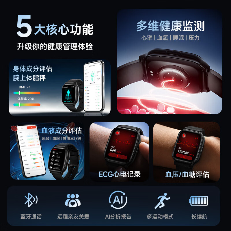 卡普伦【高精准度】一键微体检无创血糖血压血脂尿酸监测血液成份心电睡眠蓝牙通话送父母超薄健康手表 经典黑 升级版