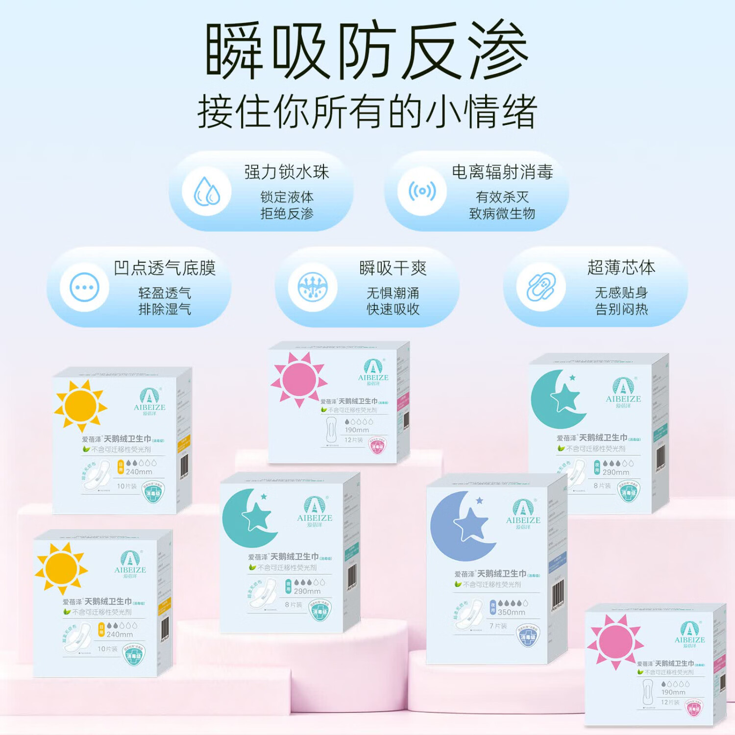 爱蓓泽天鹅绒感消毒级卫生巾护理垫升级款大姨妈经期专用柔软亲肤舒适 【全周期72片】240＋290＋350＋190mm