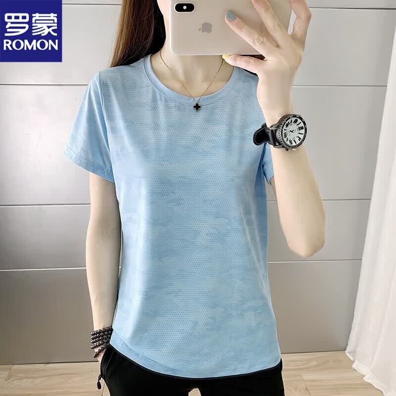 罗蒙冰丝速干运动套装女 夏季超薄透气登山跑步运动服短袖T恤女两件套 8827粉色上衣 3XL【150-170斤】