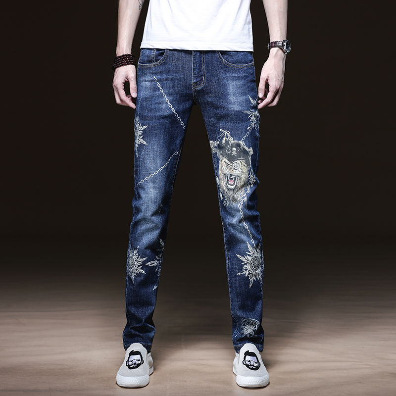 圣彬霸时尚新款男士修身小脚裤印花刺绣牛仔裤潮牌弹力百搭宽松休闲裤