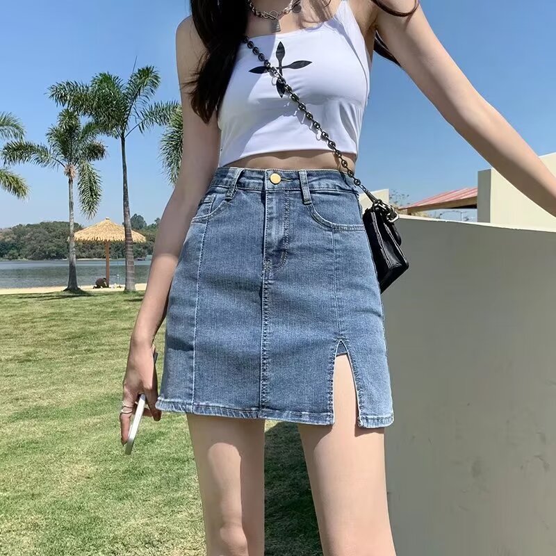 无品牌开叉牛仔短裙女夏季大码短裤裙高腰显瘦防走光a字包臀裙半 黑色 5XL