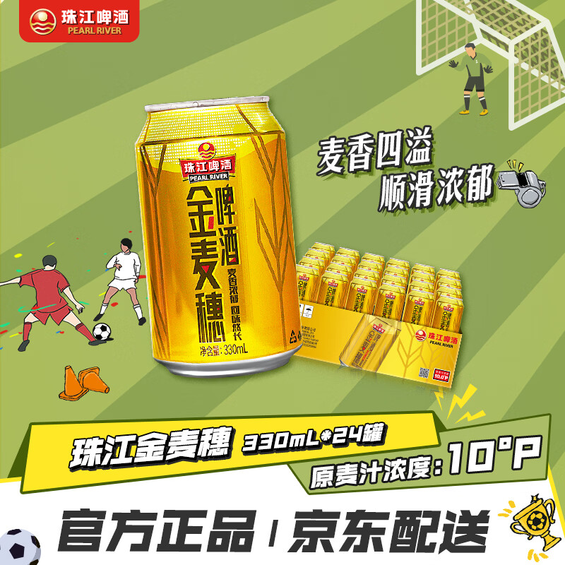 珠江啤酒10度 珠江金麦穗啤酒 330ml*24听 整箱装 京东自营