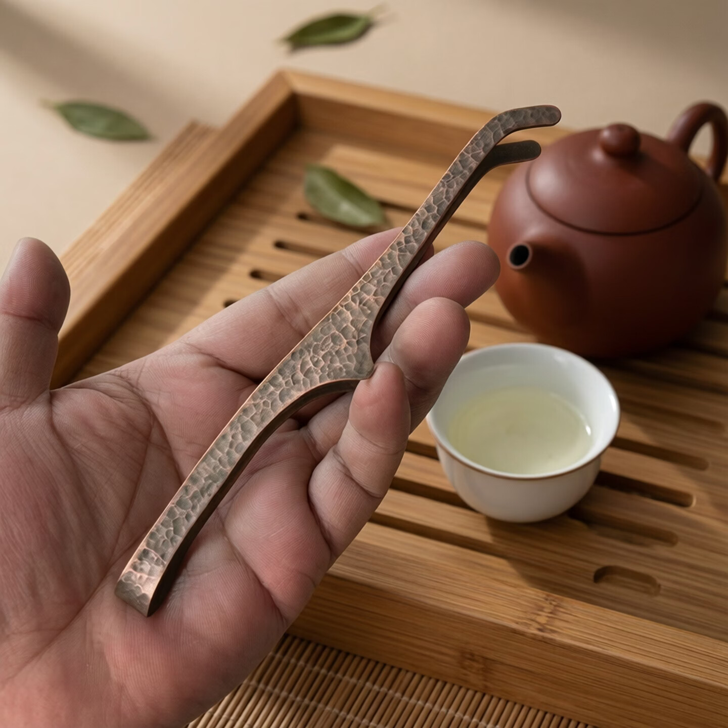 手工锤纹紫铜茶夹17cm新中式复古茶杯夹防烫取杯夹功夫茶具配件 紫铜锤纹茶夹